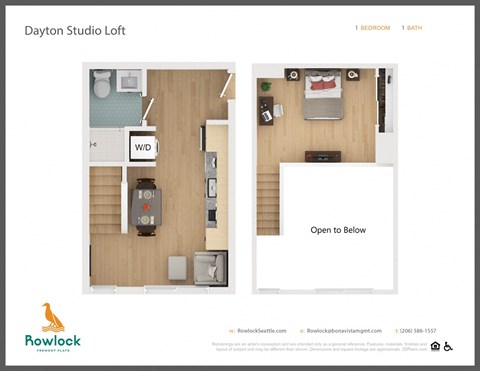 Floor plan for 1 bed, 1 bath, 413 sqft
